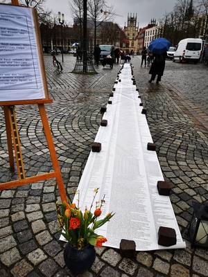 Performer*innen beim Vervollständigen der Liste mit den Namen der Menschen, die aktuell verstorben sind.